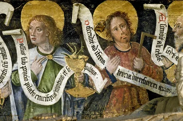 França - Somme - departamento 80 - Amiens - interior das catedrais - pequenas quadras em francês antigo, legendagem - “o martírio de Santo Firmino” - São João Evangelista e São Tomás